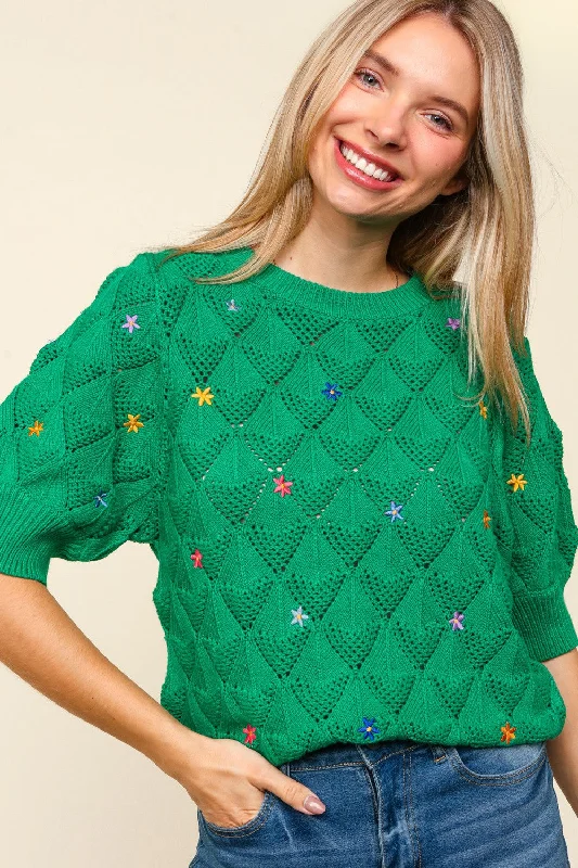 Referral Discount soft coatPLUS FLOWER EMBROIDERED CROCHET SWEATER KNIT TOP