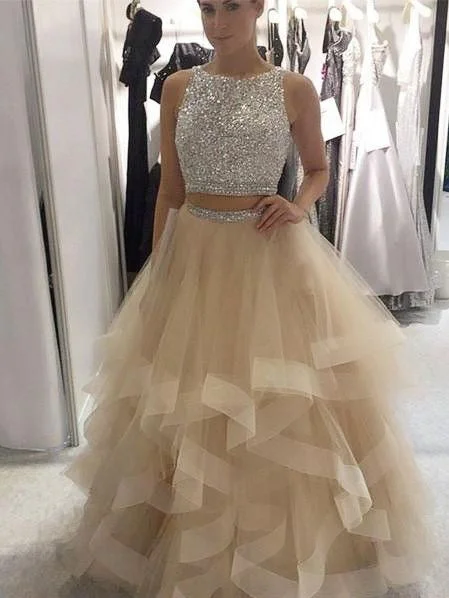 Major Savings Two Piece Prom Dresses Bateau Ball Gown Floor-length Long Sexy Prom Dress JKL740