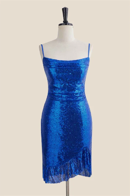 Grand Opening Sale casual midi dressRoyal Blue Ruffle Sequin Sheath Short Dress
