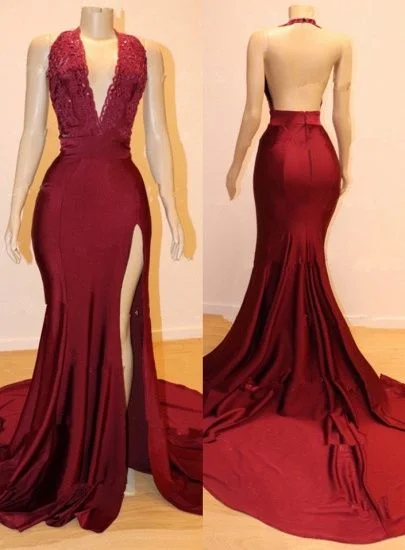 Markdowns chic slip dressBurgundy V-Neck Mermaid Prom Dress Slit With Appliques Y506 Markdowns chic slip dressBurgundy V-Neck Mermaid Prom Dress Slit With Appliques Y506