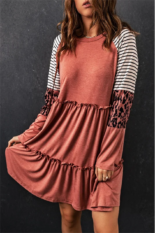 Quick Sale Pink Striped Leopard Patchwork Long Sleeve Mini Dress