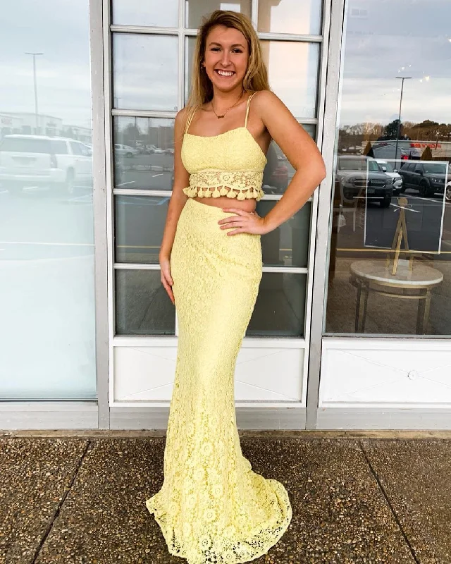 Flash Deals Exquisite Lace Yellow Spaghetti Straps Two Piece Mermaid Prom Dress JKR320