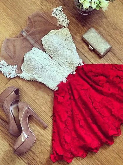 Overstock Sale Homecoming Dress Red Black Short Sleeve Short Prom Dress Party Dress JK063