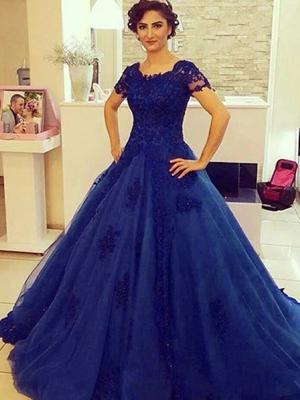 Final Markdown royal blue prom dresses A-line Scoop Floor-length Tulle Prom Dress Evening Dress MK071