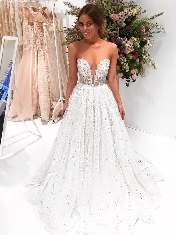 Deal Mania Sparkly Prom Dresses Bateau A-line Sweep Train Sexy Long Chic Lace Prom Dress JKL828