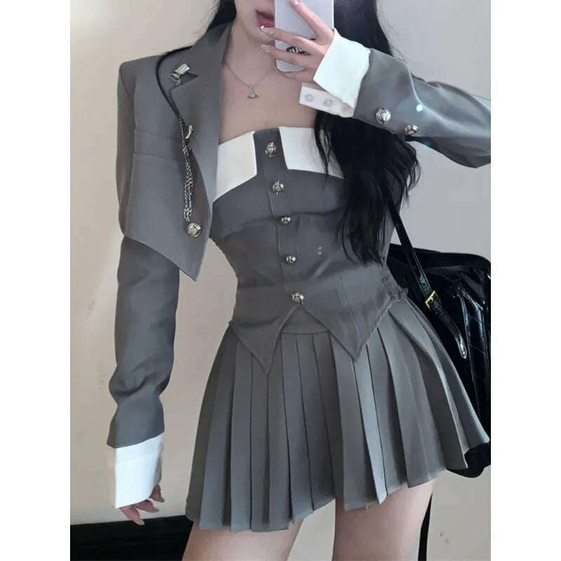 sleek trench coat2023 Spring for Women Korean Style Gray Suit Coat + Pleated Mini Skirt Suit 2 Pieces Sets Tight-fitting Retro Y2k Suit