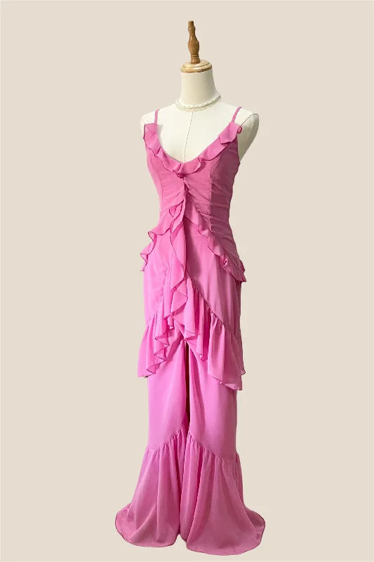 Amazing Deals summer dressV-neck Pink Ruffle Hem Long Dress with Slit