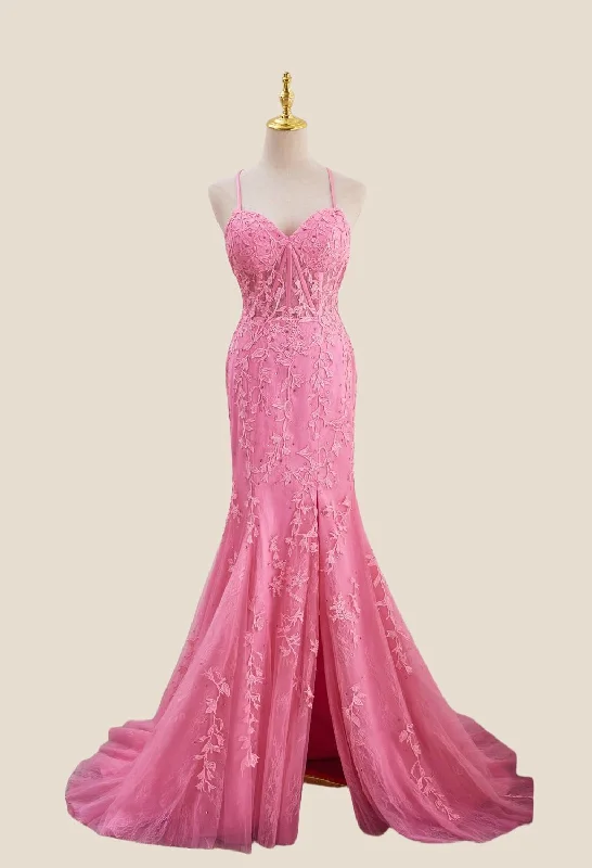 Sneak Peek Sale satin dressStraps Hot Pink Lace Mermaid Long Prom Dress