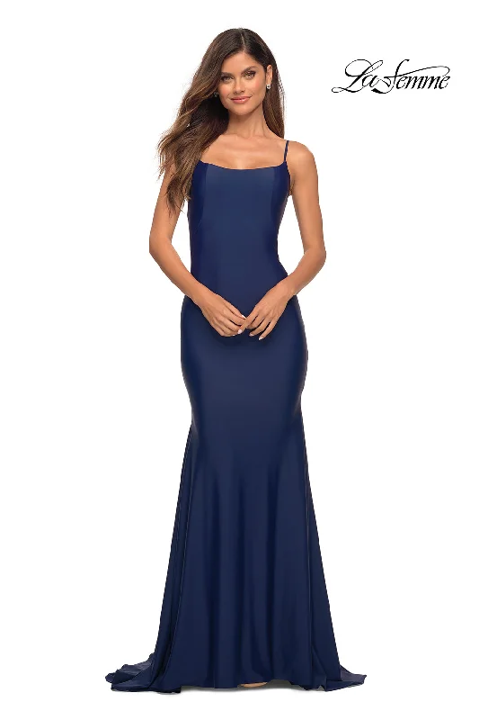 ruched dressLow V-Back La Femme Long Prom Dress with Train