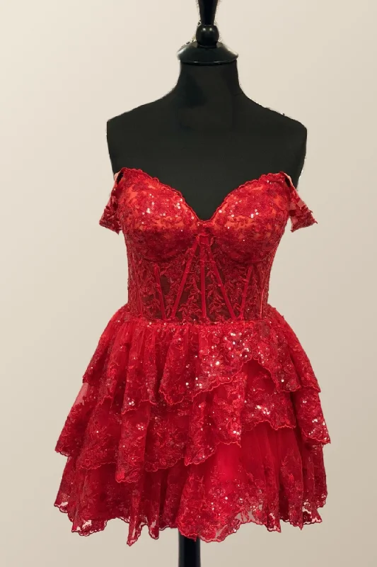 Act Fast trendy mini dressOff the Shoulder Red Appliques Tiered Short Princess Dress Act Fast trendy mini dressOff the Shoulder Red Appliques Tiered Short Princess Dress
