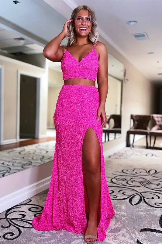 Deal Frenzy formal dressTwo Piece Orange Sequins Long Prom Dress Y995