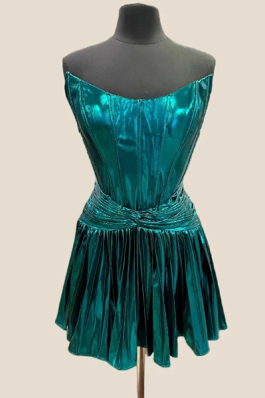Lowest Price elegant dressStrapless Blue Metallic Pleated A-line Short Dress