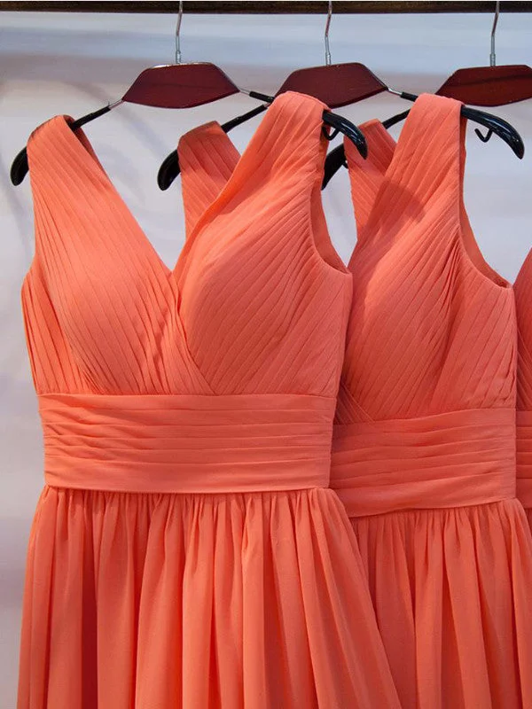 Blowout Deals Bridesmaid Dresses Organge A-line V-neck Long Bridesmaid Dresses #JKL024