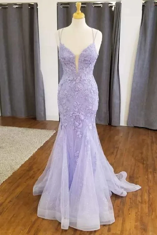 fitted bodycon dressMermaid Lavender Floral Lace Straps Long Prom Dress Y1727