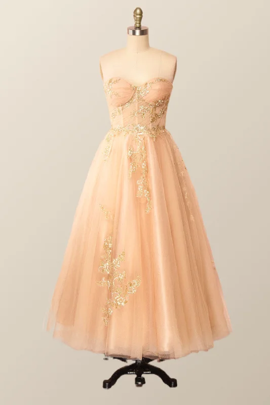 Exclusive Savings trendy dressSweetheart Champagne Tulle Tea Length Dress with Gold Sequins Exclusive Savings trendy dressSweetheart Champagne Tulle Tea Length Dress with Gold Sequins