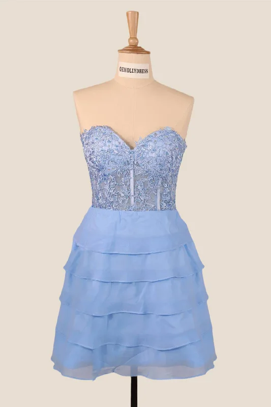 Mega Deal denim dressStrapless Blue Appliques Tiered A-line Short Dress