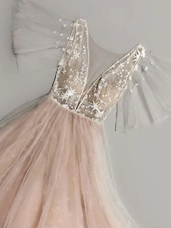 Super Deal Fairy Prom Dresses Short Sleeve Aline Tulle Blush Pink Star Lace Long Prom Dress JKL1649