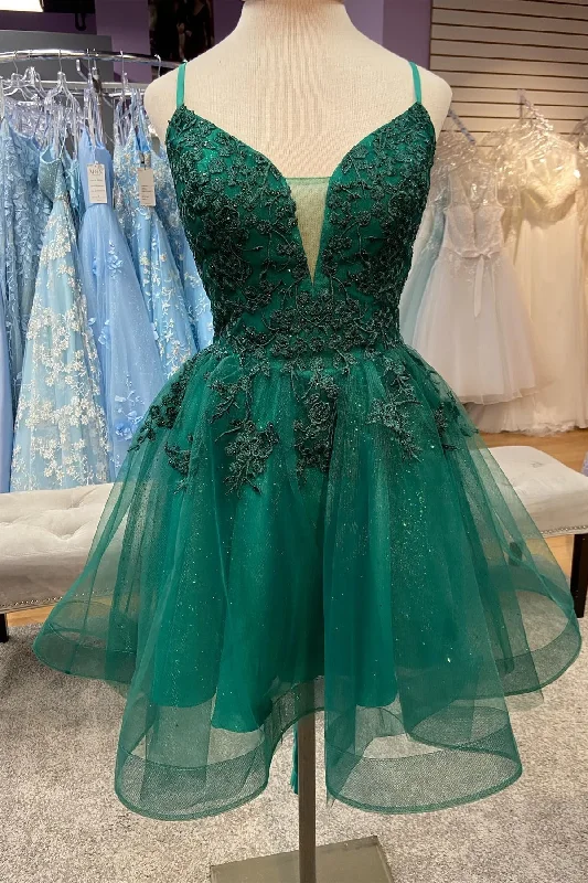 luxury dressHunter Green Plunging V Neck Straps Appliques Tulle Homecoming Dress Y2074