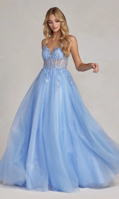 comfy dressSheer-Bodice A-Line Light Blue Long Prom Dress