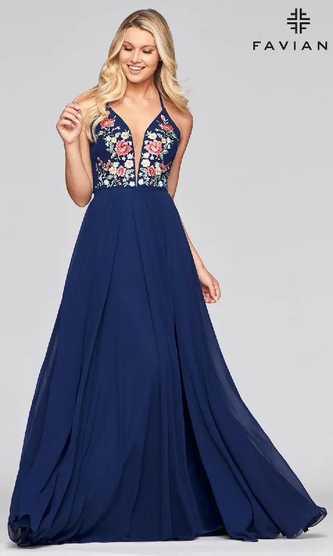 trendy wrap dressEmbroidered-Bodice Long Faviana Chiffon Prom Dress