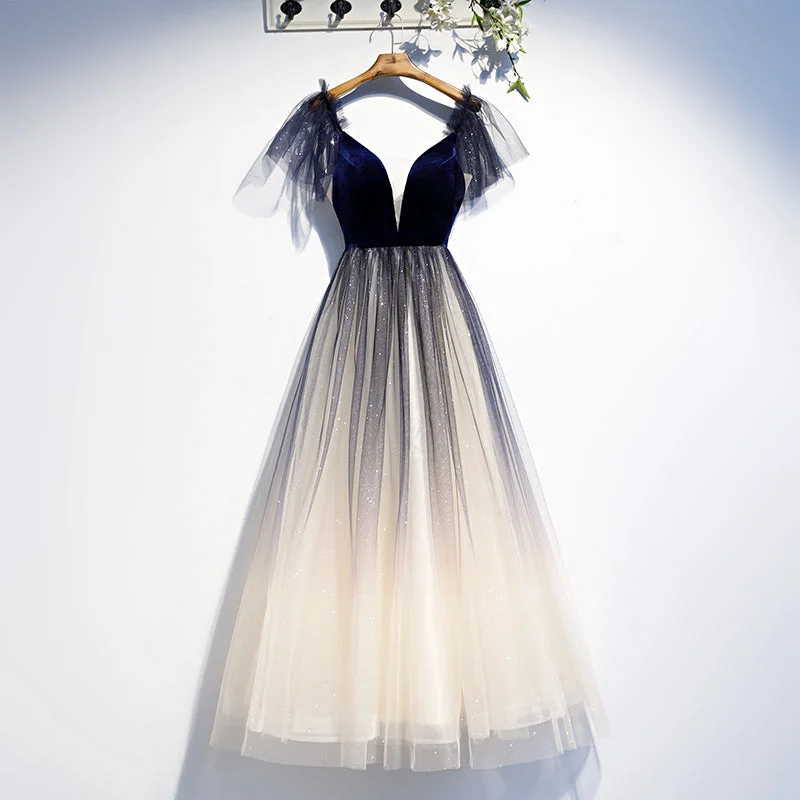 Special Discount textured dressBlue v neck velvet top tulle short homecoming dress s98