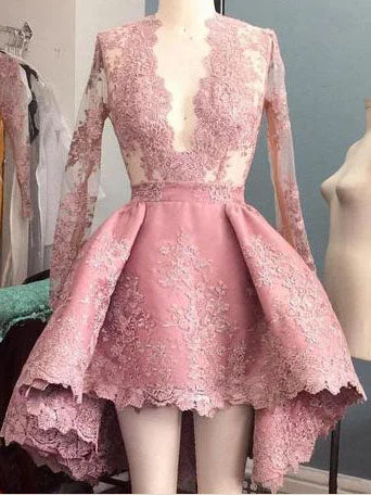 Massive Deals Long Sleeve High Low Homecoming Dresses Lace Short Prom Dress Party Dress JK678