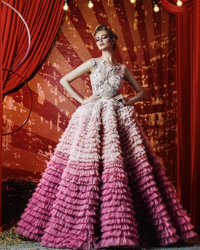 YEAR-End Sale Chic Ball Gown Scoop Pink Beading Prom Dresses Tulle Ombre Long Prom Dress Evening Dress JKG030