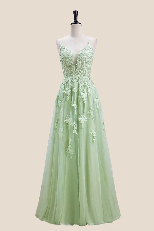 Fantastic Offers boho dressPlunge Neck Sage Appliques A-line Long Dress
