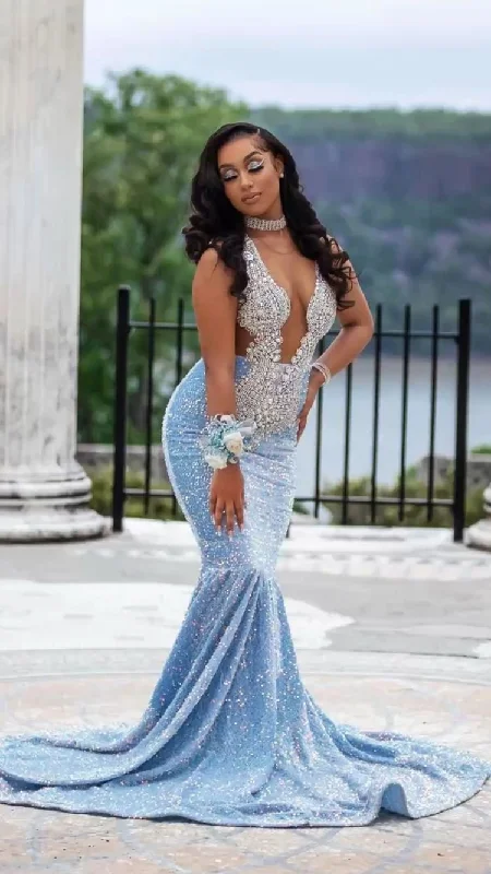 elegant shift dressBlue Sequin Mermaid Prom Dress,African Prom Dress,Black Girls Prom Gown Y1497