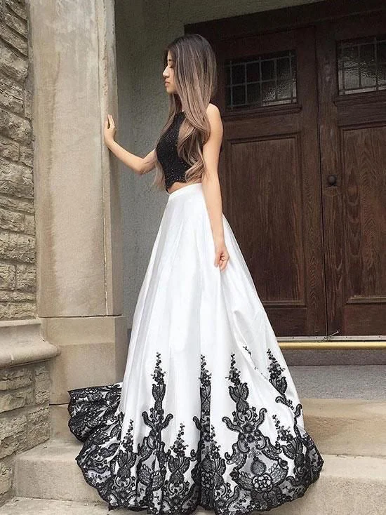 Massive Deals Two Piece Prom Dresses Aline Key Hole Back Long Black and White Chic Prom Dress JKL1460