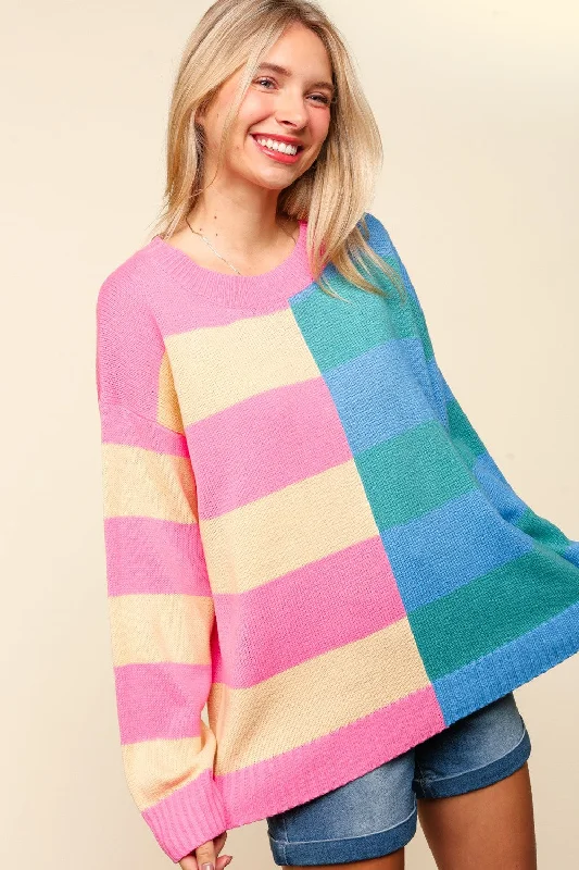 Overstock Sale functional coatPLUS STRIPE LONG SLEEVE PULLOVER SWEATER KNIT TOP