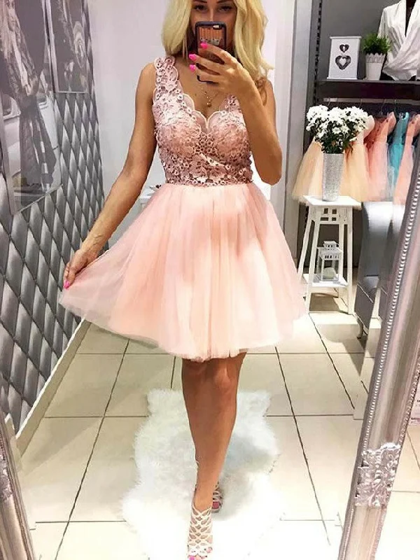 YEAR-End Clearance Pearl Pink Homecoming Dress Tulle Lace Short Prom Dress Party Dress JKS064