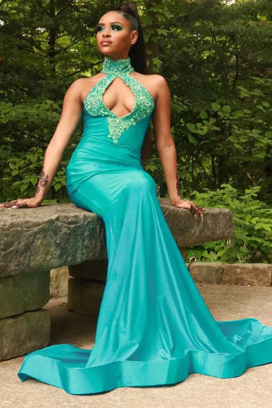Best Bargains Chiffon Halter Sexy Green Mermaid Prom Dress Beaded Long Backless