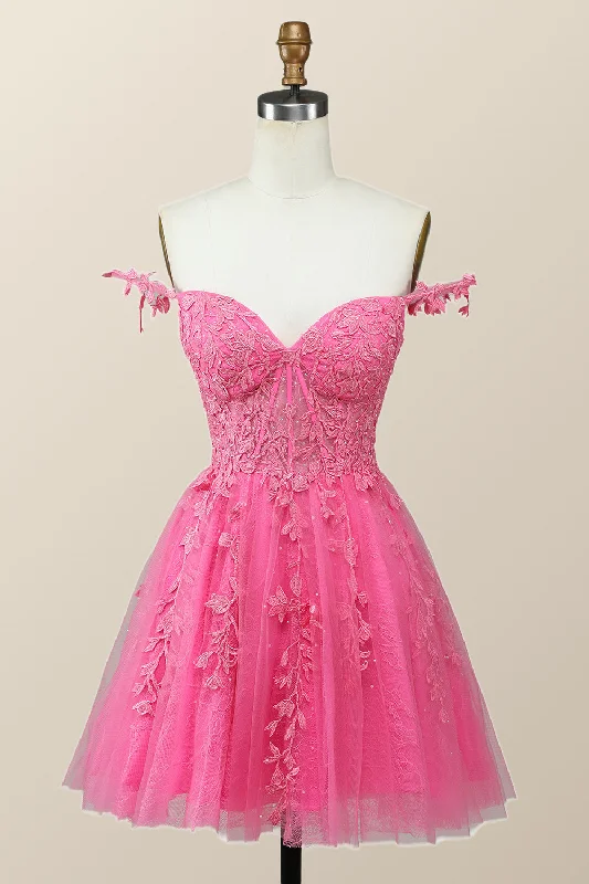 Factory Direct Sale high-waisted dressOff the Shoulder Hot Pink Lace Short Homecoming Dress