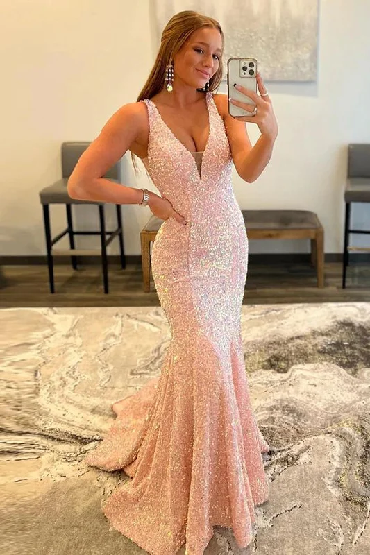 Price Buster silk dressPink Deep V Neck Mermaid Prom Dress Y331