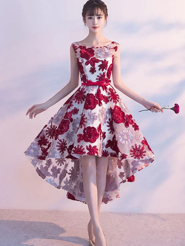 Limited Quantity High Low Homecoming Dresses Burgundy Lace Short Prom Dress Party Dress JK622