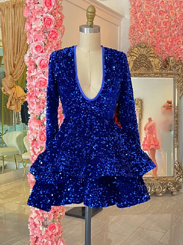 high-waisted dressRoyal Blue Sequins Homecoming Dress,Backless Homecoming Dress Y2152