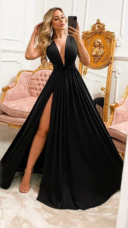 Today Only spaghetti strap dressBlack Deep V Neck Long Prom Dress,Sexy Formal Gown Y1035
