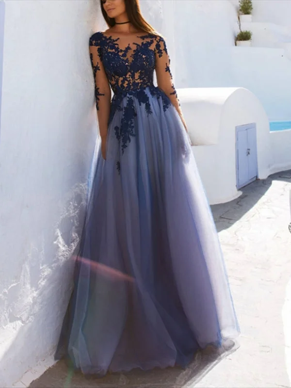 New Arrival Chic Prom Dresses Bateau Long Sleeve Floor-length Appliques Long Prom Dress JKL900
