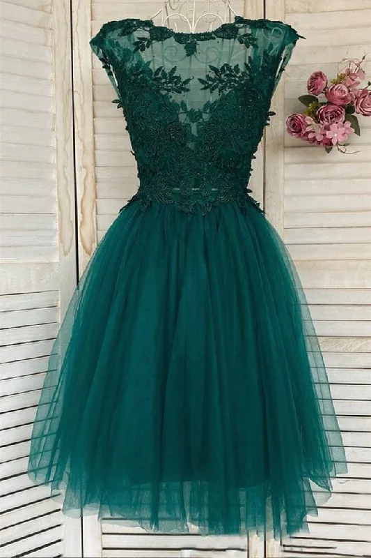 Closeout Round Neck Green Lace Short Prom Homecoming Formal Graduation Evening Dress GJS691