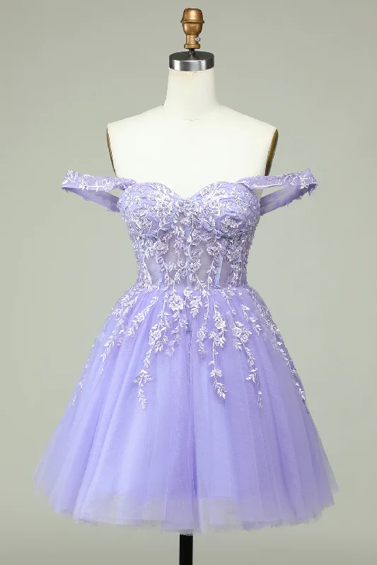 v-neck dressA Line Off the Shoulder Lilac Corset Homecoming Dress with Appliques Y2168