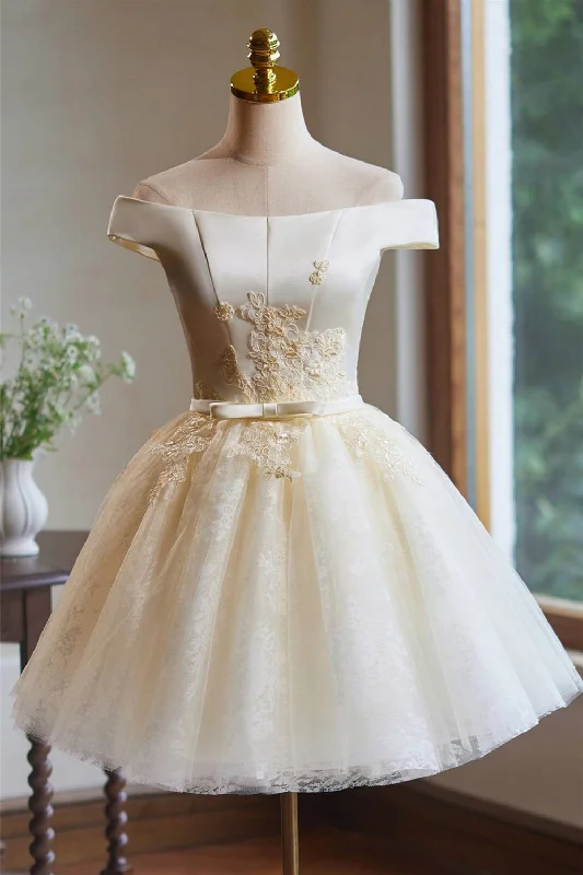Reduced Prices long-sleeve floral dressChampagne Appliques Bow A-line Short Dress