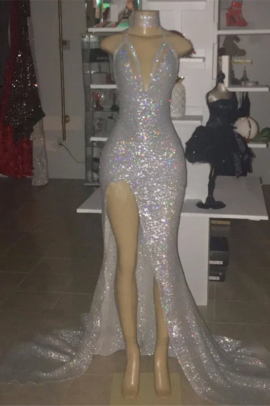 Big Discounts Sexy Spaghetti Straps Silvery Mermaid Prom Dress Sequins Chiffon Long With Split