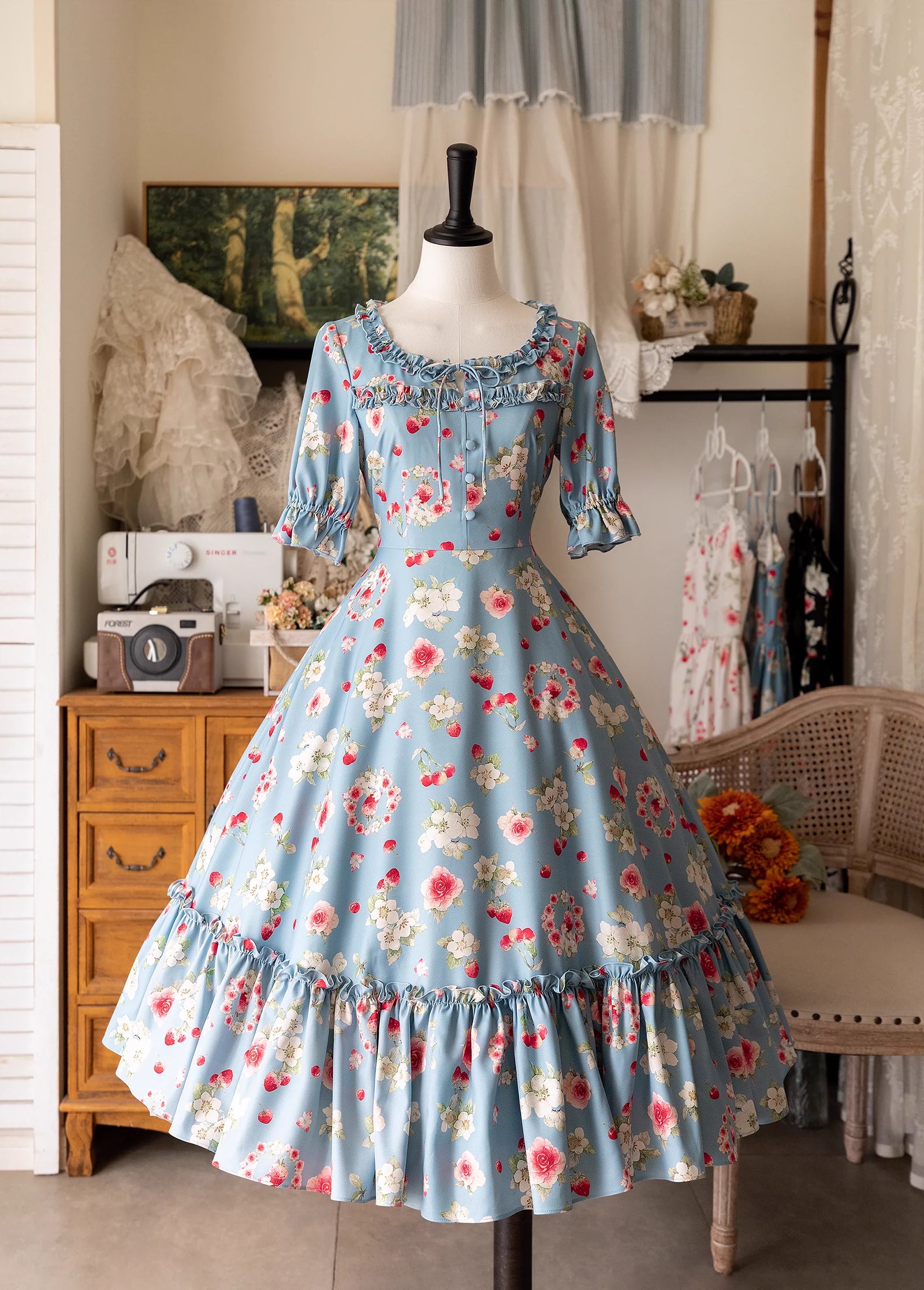 bodycon dressForest Wardrobe~Summer Berry Picture Book~Vintage Lolita OP Dress Floral Print Short Sleeve Dress