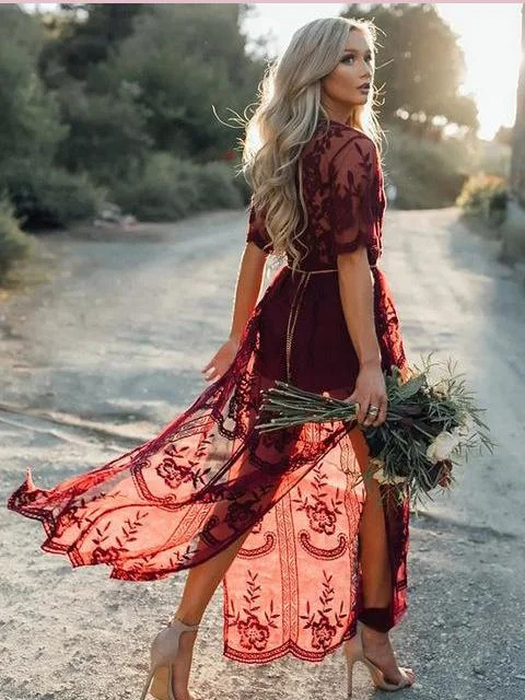 Final Sale Burgundy Lace Prom Dresses A-line V neck Floor-length Unique Evening Dress JKG043