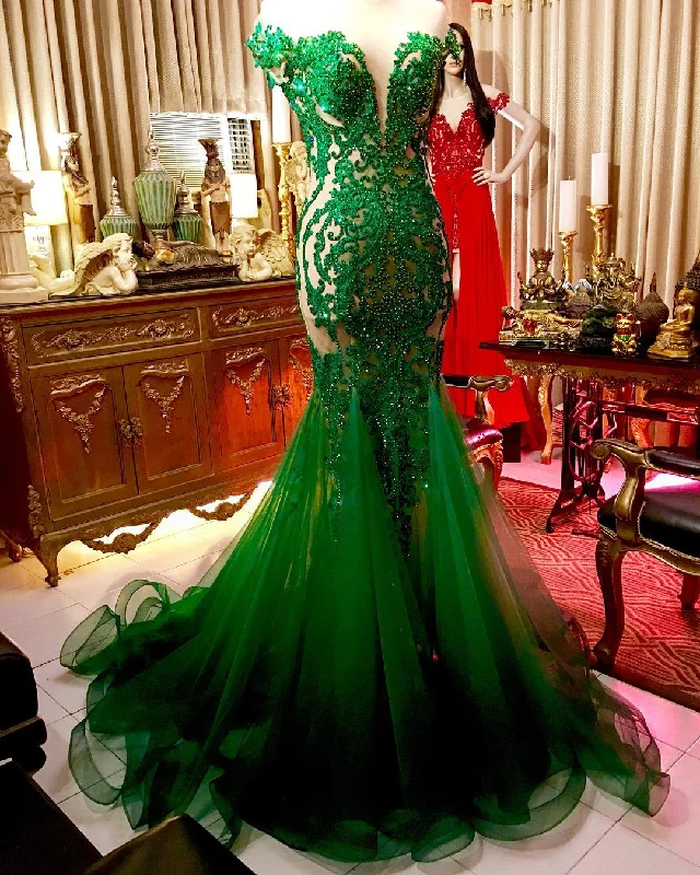 Sale Event party-ready dressIllusion Back Green Mermaid Prom Dress with Beading Y1361