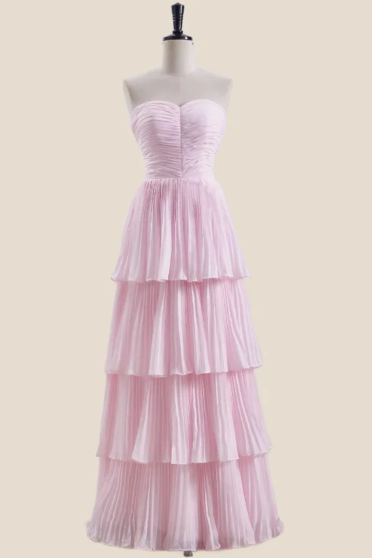 Now or Never casual shift dressStrapless Pink Pleated Tiered Long Party Dress