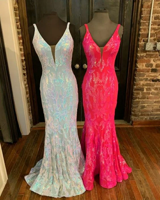 statement dressHot Pink Prom Dress Long Fitted Mermaid Sequin Pageant Gown Y1711