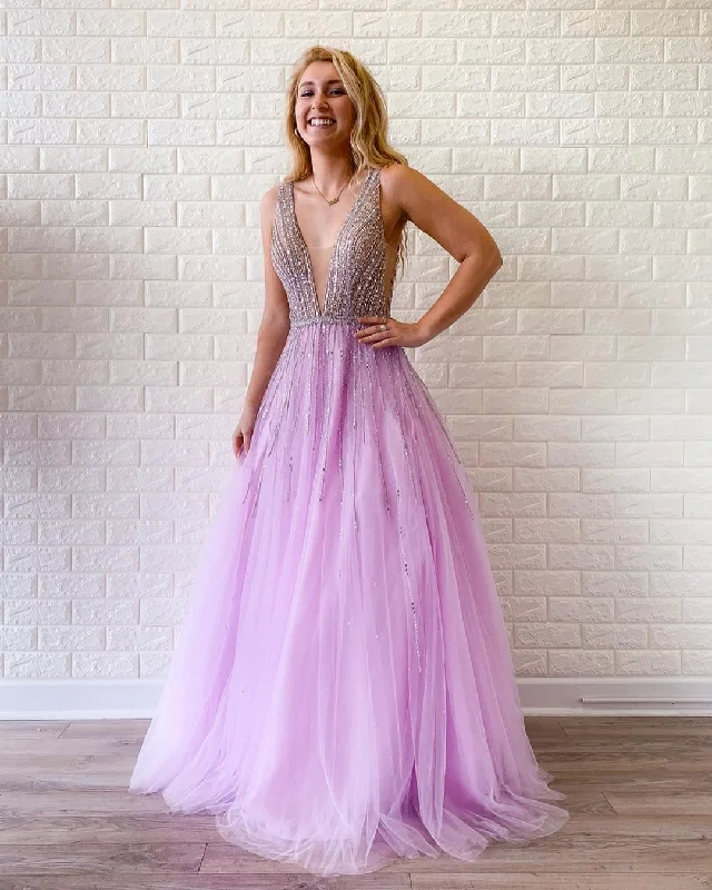 Limited Time Sexy Deep V-Neck Beaded A-Line Modest Tulle Prom Dress JKR318