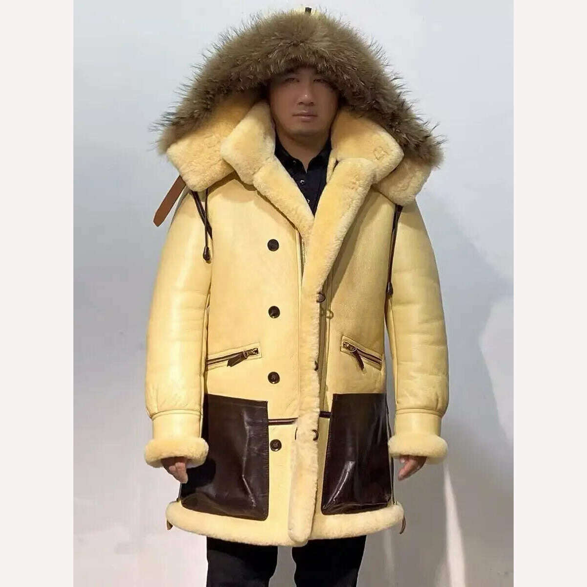 insulated trench coat2024 Luxury Men's Genuine Leather Coat Sheepskin Shearling Jacket Thick Wool Liner Raccoon Fur Hooded Patchwork Plus Oversized